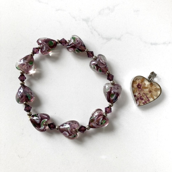Jewelry - Glass Heart Beaded Bracelet and Pendant Set - Purple and Silver